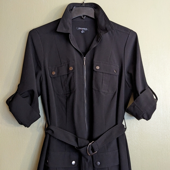 Sharagano Belted Zip Shirt Dress Safari Patch Pocket Roll Tab Sleeve Black - Picture 3 of 16
